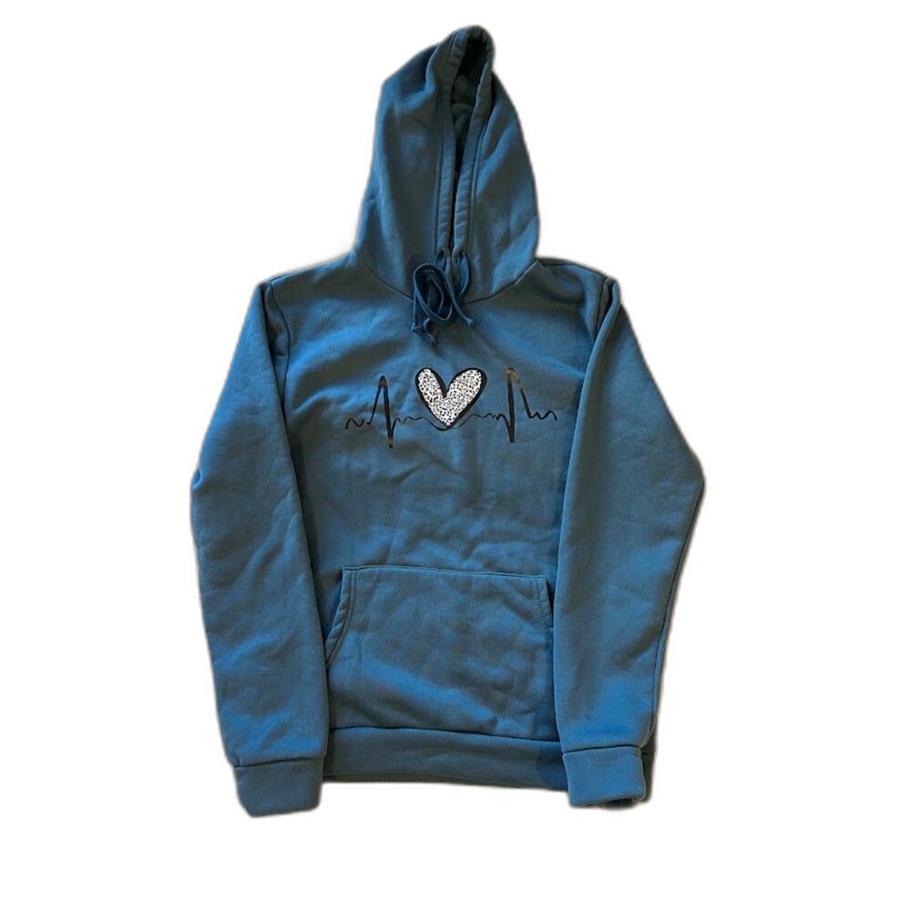 Heartbeat Heart Graphic Blue Hoodie Size Small
